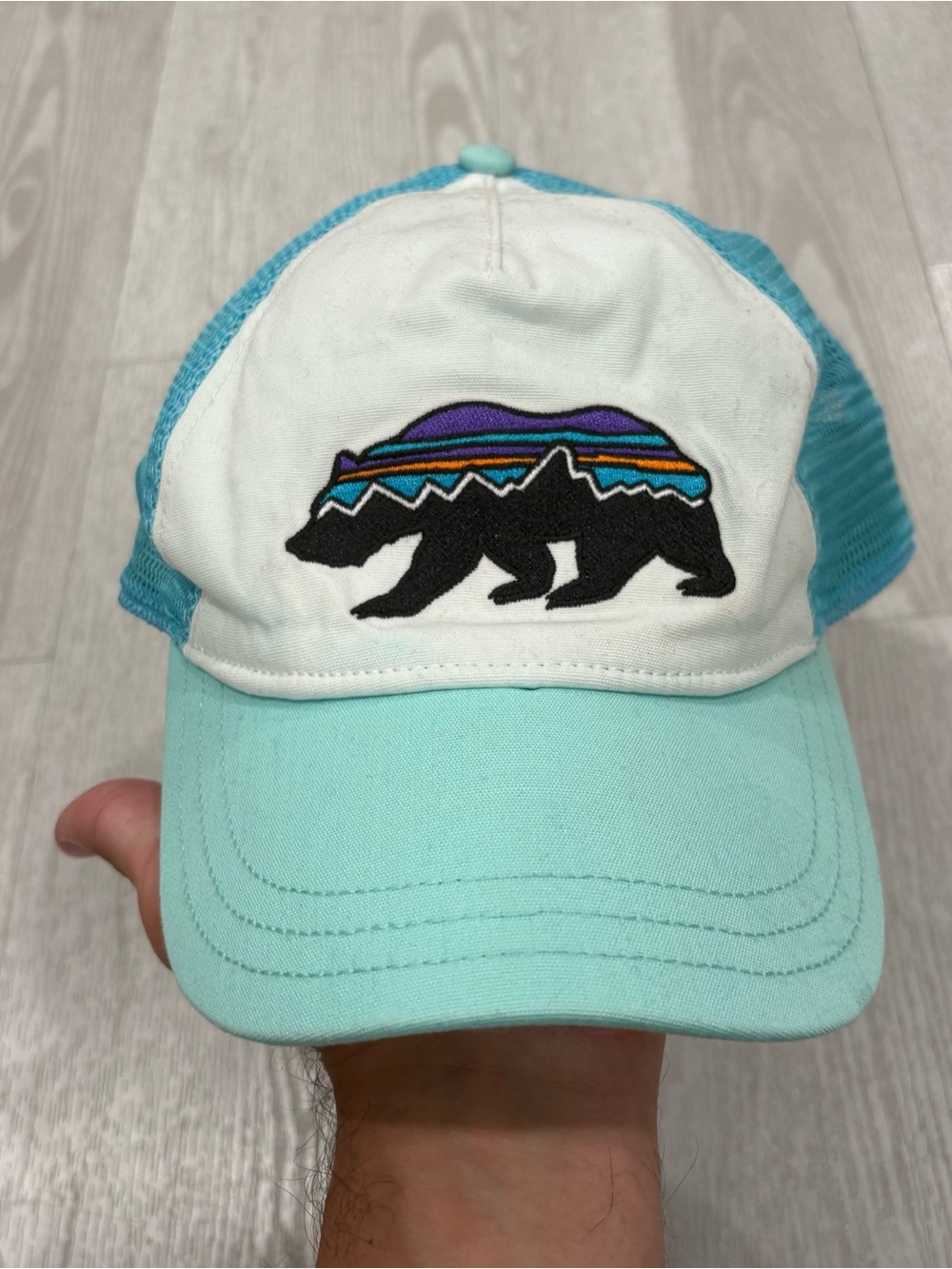 Patagonia Light Blue & White Embroidered Bear Trucker Hat